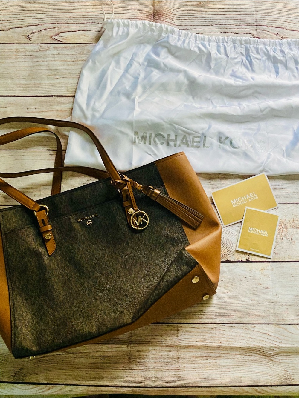 Michael Kors Black & Brown Leather Tech Purse/Tote/Bag with Charm & Tassel